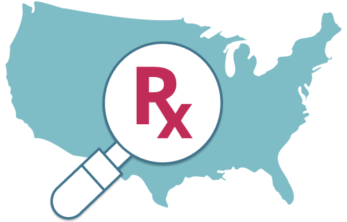 Continental United States with a Magnifying glass searching for Rx icon