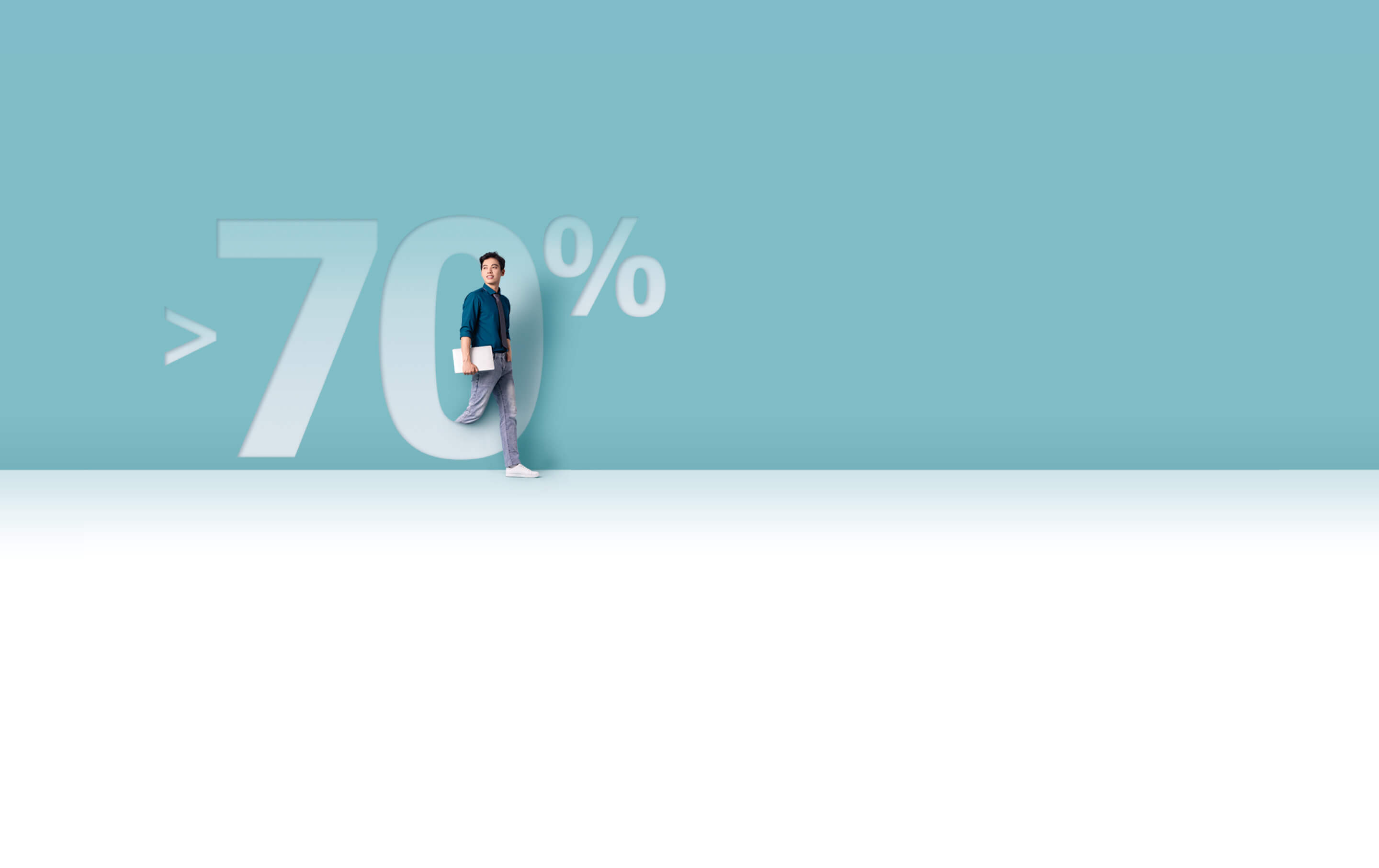 Man with laptop walking out of the >70%.